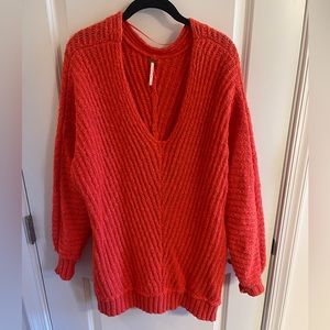 Free People Dark Orange Chunky Knit Oversized V Neck Sweater